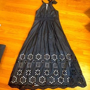 Eva Franco Navy Tie Halter Maxi Dress w/ Embroidered Skirt size 10